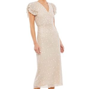 Mac Duggal Embellished Ruffle Cap Sleeve V Neck Midi Dress 2 XS